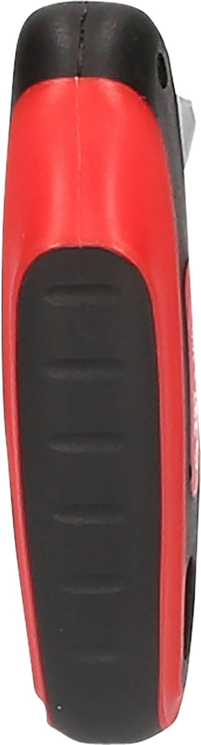 Rotes und schwarzes Sicherheitsmesser mit abgerundeter Form und Griffstruktur, seitlich abgebildet.