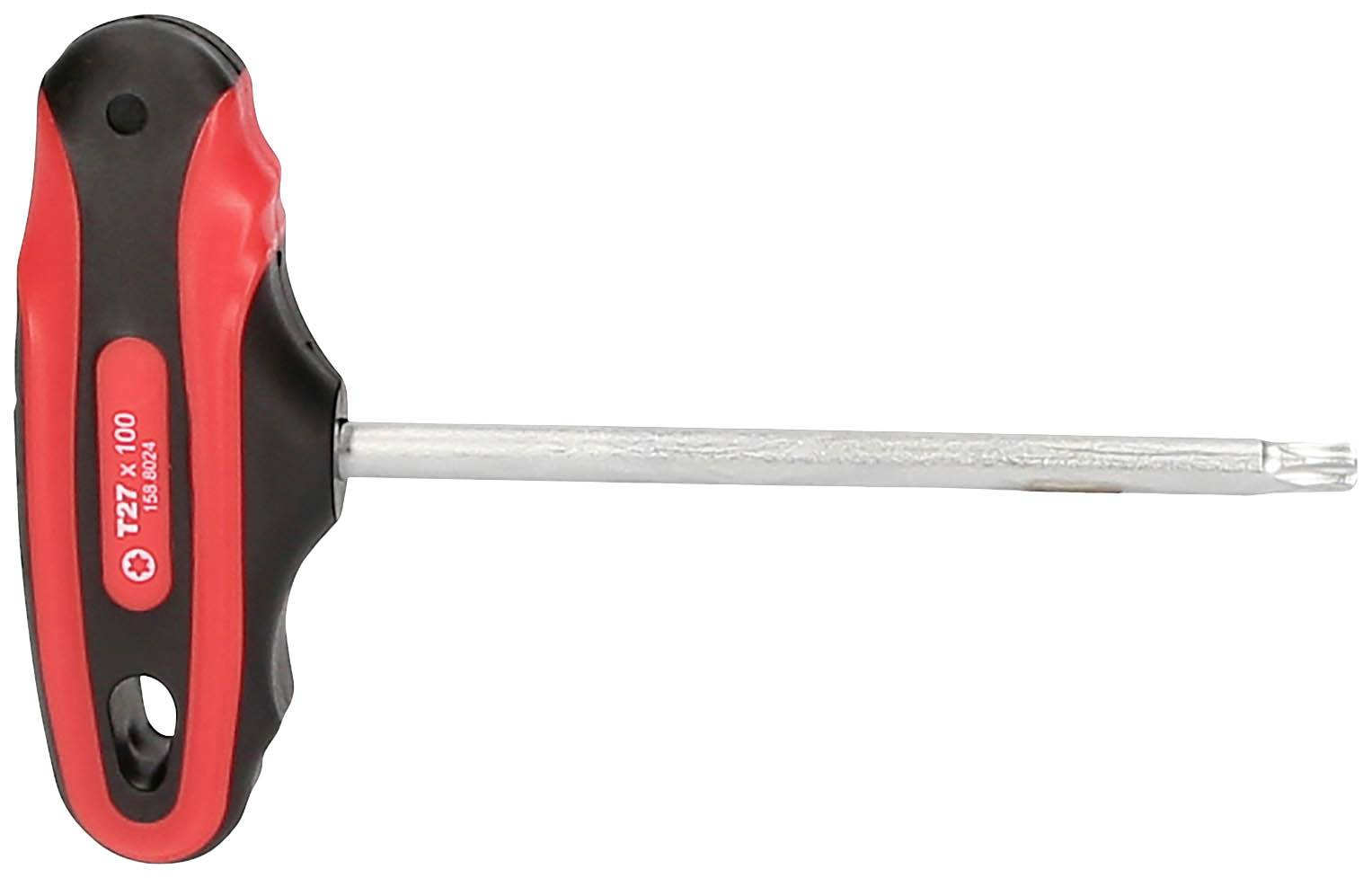 Ein T-förmiger Schraubendreher mit rotem und schwarzem Griff und langem Metallstab, geeignet für handwerkliche Arbeiten.
