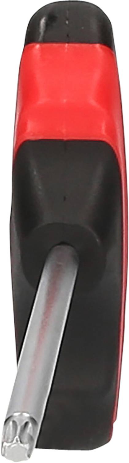 Schraubendreher mit rotem und schwarzem Griff und Metallklinge, Vorderansicht.