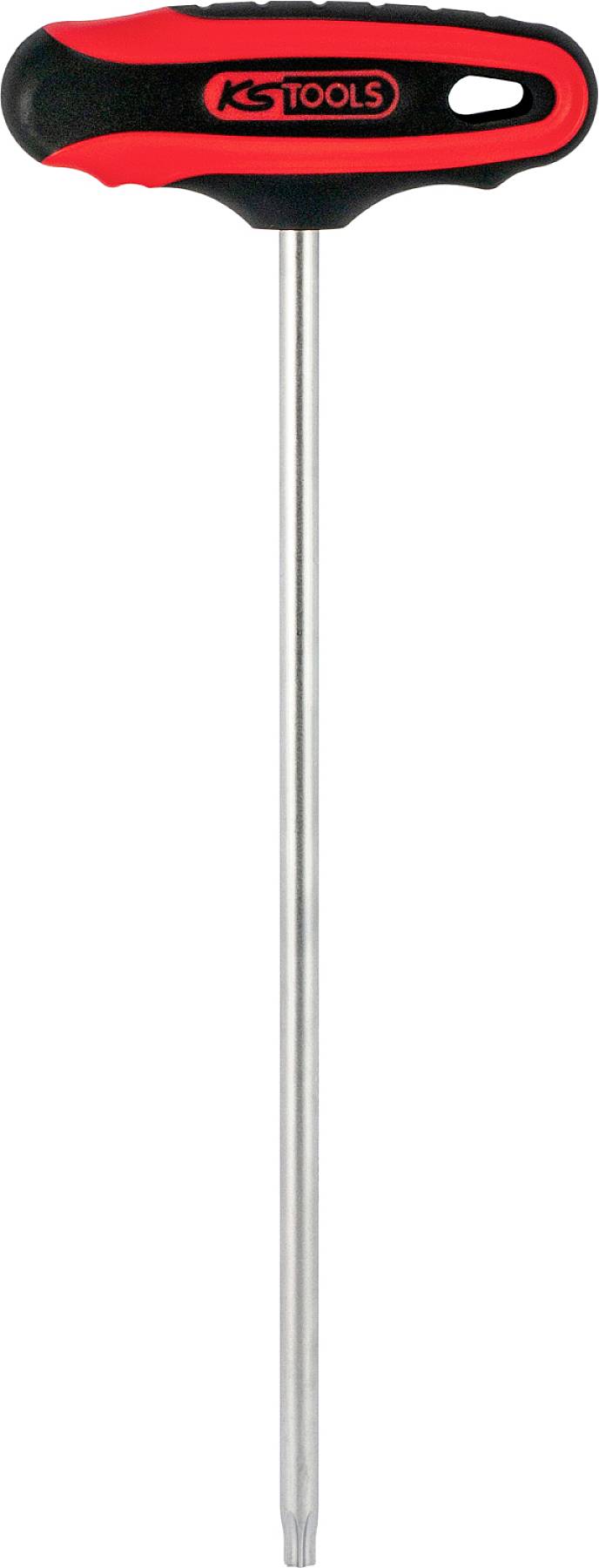 T-Griffelschraubendreher mit rotem und schwarzem Griff und einem langen, schmalen Metallstab.