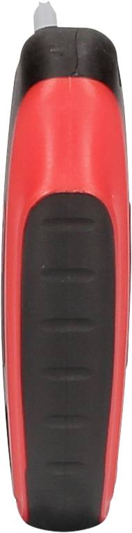 Ein schwarzer und roter Schraubenzieher mit ergonomischem Griff, aus der Seitenansicht.