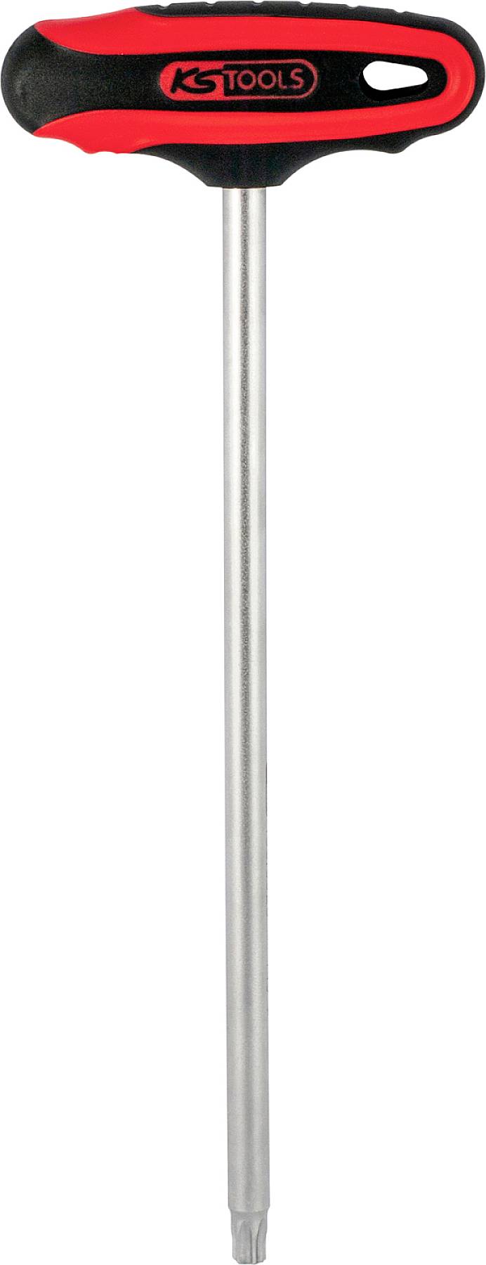 Ein T-Griff-Schraubendreher mit rotem und schwarzem Griff und langem Metallstab, geeignet für Arbeiten an schwer erreichbaren Stellen.