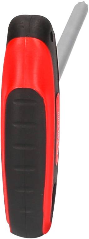 Ein rot-schwarzes Sicherheitsmesser mit eingeklapptem grauem Schneidblatt.