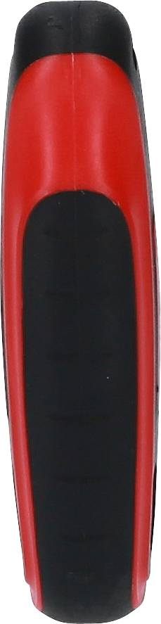 Eine rot-schwarze elektrische Zahnbürste, seitliche Ansicht. Sie zeigt das schlanke, moderne Design mit rutschfestem Griff.