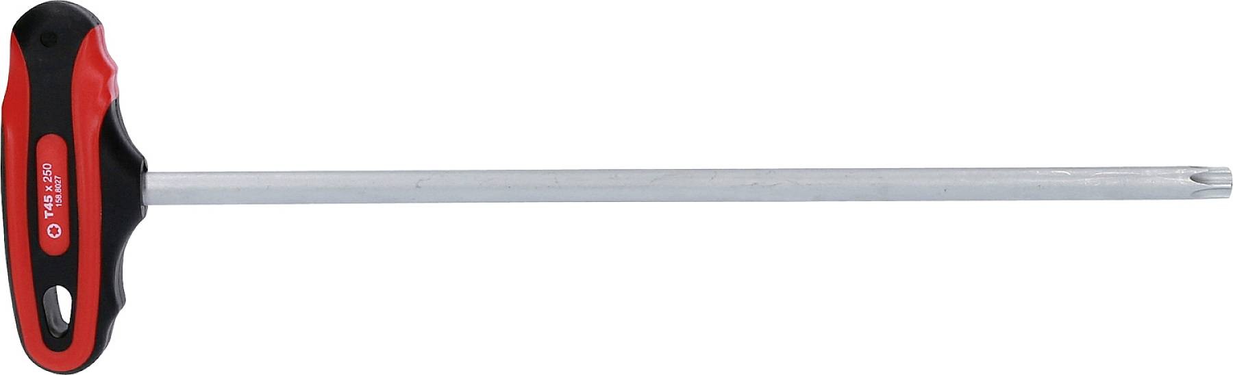 Langstieliger Schraubendreher mit T-Griff, ideal für schwer erreichbare Stellen. Der Griff ist schwarz-rot, der Schaft silbern.