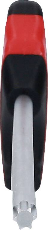 Ein rot-schwarzer Schraubendreher mit einer Torx-Spitze, von oben betrachtet.