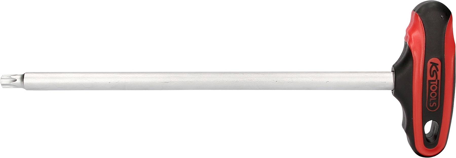 T-förmiger Schraubendreher mit schwarzem und rotem Griff, langem silbernem Schaft und Torx-Spitze, auf weißem Hintergrund.