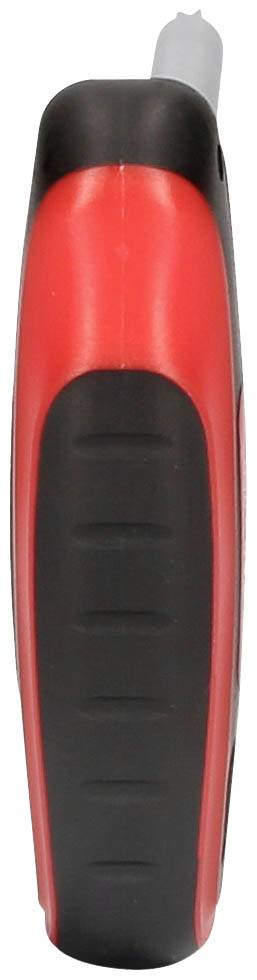 Schwarzes und rotes Cuttermesser mit einer ausgefahrenen Klinge, seitliche Ansicht, Griff mit geriffelter Oberfläche.