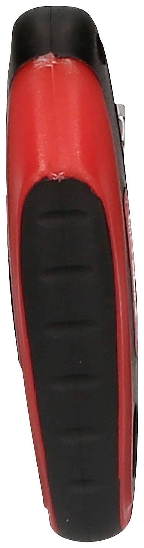 Seitenansicht eines rot-schwarzen Messgeräts mit gummierter Kante.