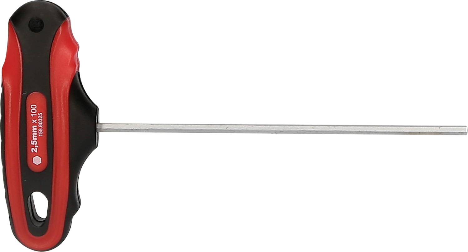 T-Griff Sechskantschlüssel in rot-schwarz, Länge 100 mm, Größe 2,5 mm. Design für komfortablen Griff bei präzisen Arbeiten.