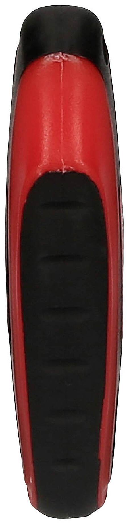 Eine rote und schwarze Taschenlampe, vertikal fotografiert.
