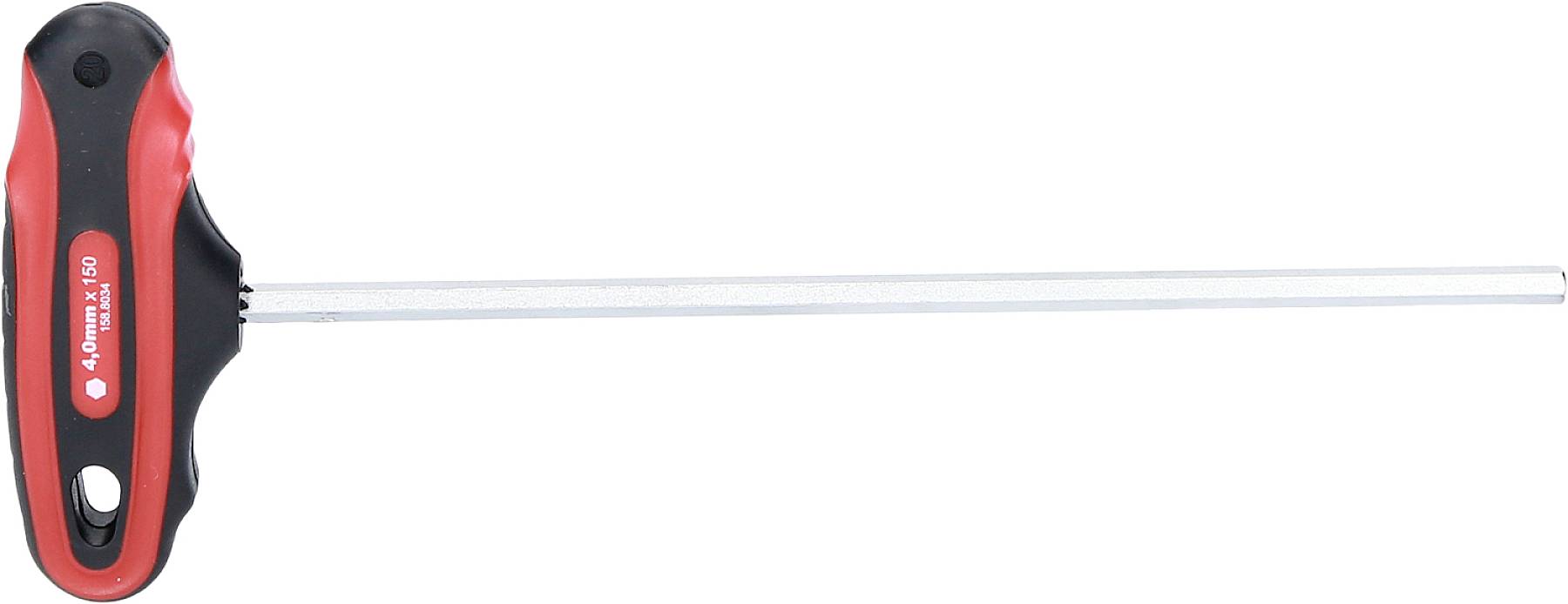 Ein roter T-Griff-Sechskantschlüssel mit langem silbernem Schaft, der sich für das Anziehen von Schrauben eignet.