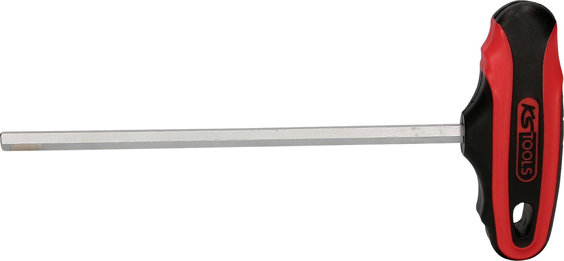 Ein T-Griff-Sechskantschlüssel mit schwarzem und rotem Griff. Markiert mit 'KS Tools'. Werkzeug zum Drehen von Sechskantschrauben.