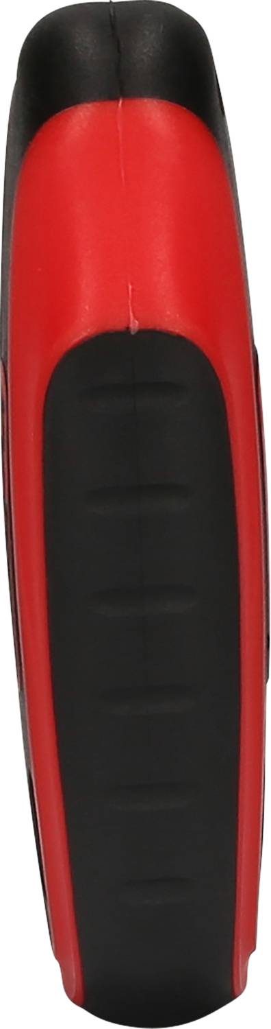 Ein rot-schwarzes Werkzeuggriff, vermutlich rutschfest durch die texturierte Oberfläche, zeigt seitlich die Griffbreite.