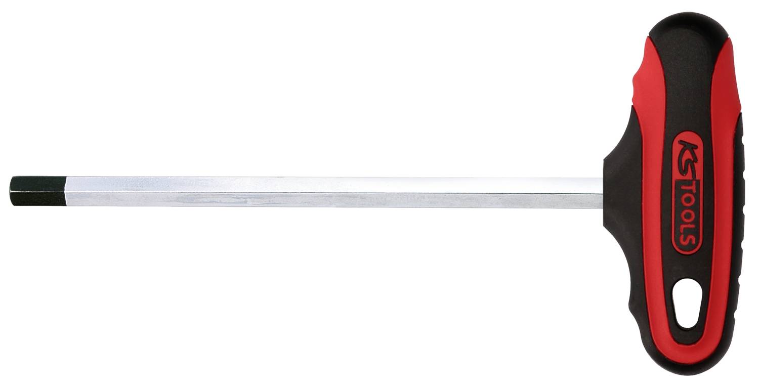 T-förmiger Schraubendreher mit langem Griff, rotem und schwarzem Design, Markenname seitlich sichtbar.