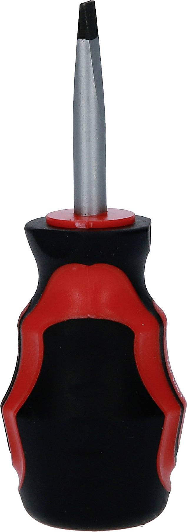 Schraubendreher mit schwarzem Griff und roten Akzenten, Spitzkopf nach oben gerichtet.