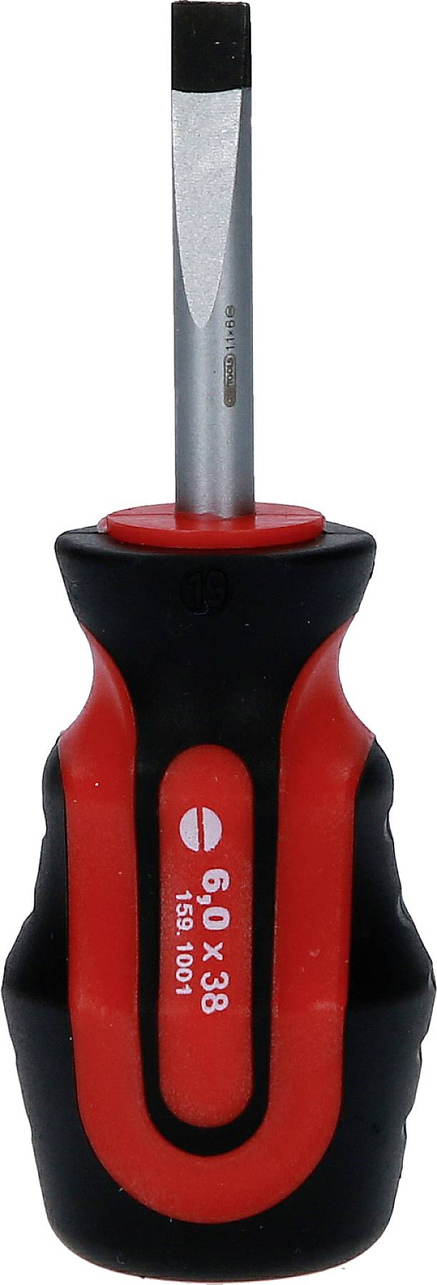 Flacher Schraubendreher mit rotem und schwarzem Kunststoffgriff, geeignet für allgemeine Reparaturarbeiten.