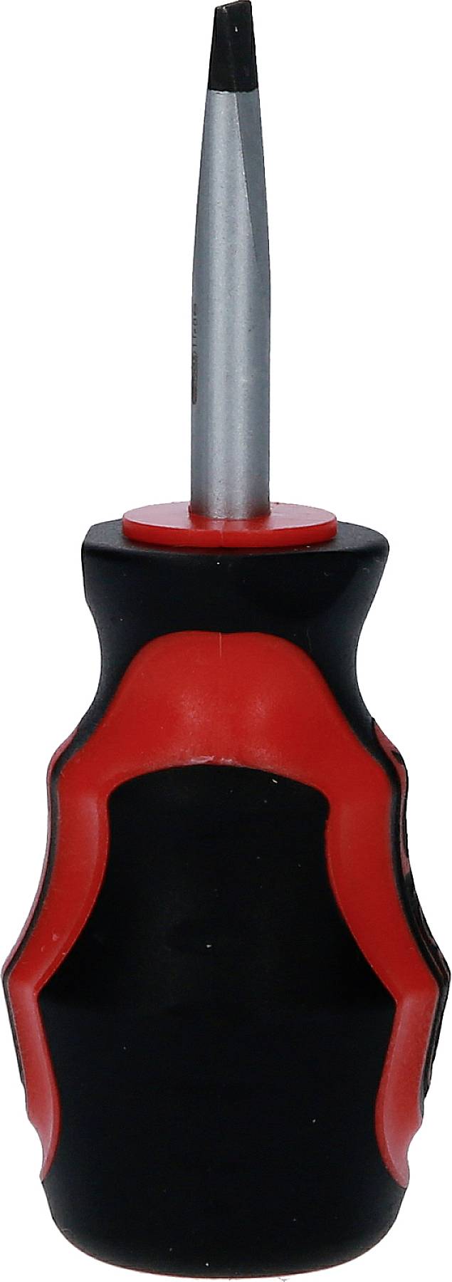 Schraubendreher mit schwarzem Griff und roten Akzenten. Spitze ist flach und robust, geeignet für einfache Heimwerkerarbeiten.