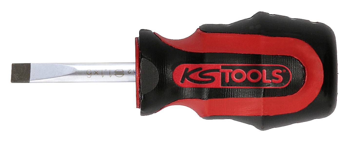 Schraubendreher mit rotem und schwarzem Griff, flache Klinge. Markenlogo 'KS Tools' auf dem Griff sichtbar.