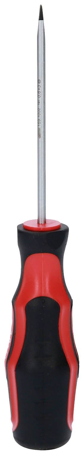 Ein roter und schwarzer Schraubendreher mit einem schmalen, langen Metallkopf, geeignet für präzise Schraubarbeiten.