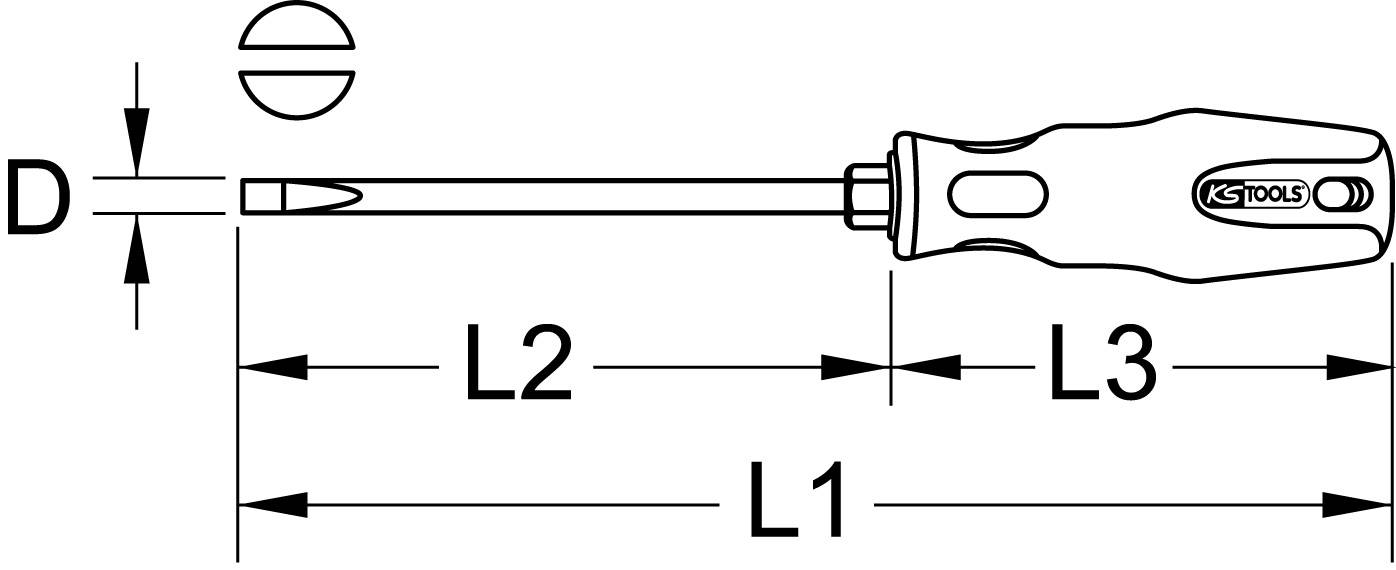 'Schraubendreher Abbildung': Diagramm eines Schlitzschraubendrehers mit Griff. Beschriftet mit Länge (L1, L2, L3) und Klingenbreite (D).