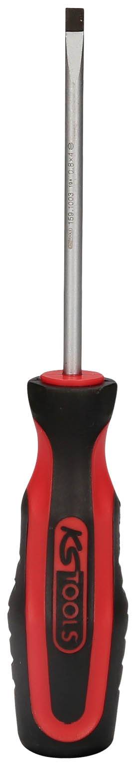 Ein roter und schwarzer Schlitzschraubendreher mit ergonomischem Griff, geeignet für Arbeiten an verschiedenen Schraubentypen.