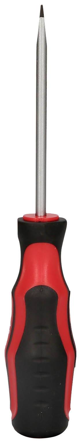 Ein schwarzer und roter Schraubendreher mit einem langen, schmalen Metallkopf.