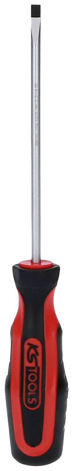 Schraubendreher mit rotem und schwarzem Griff, flache Spitze, geeignet für Schlitzschrauben.