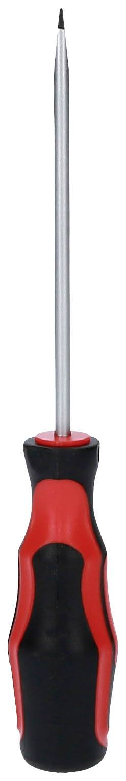 Ein Schraubenzieher mit rotem und schwarzem Griff, geeignet für kleine Schrauben.