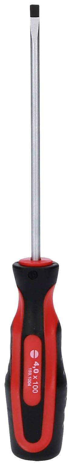Schraubendreher mit schwarzem Griff und roten Details, geeignet für Schlitzschrauben.