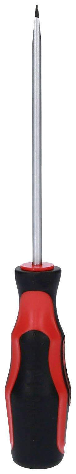 Ein roter und schwarzer Schraubendreher mit einem schwarzen Griff und einer langen Metallspitze, vertikal ausgerichtet.