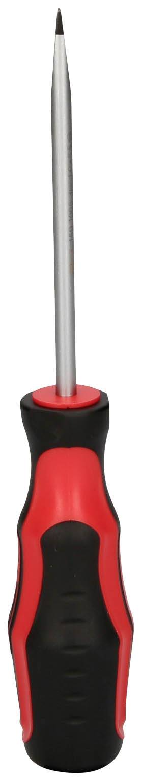 Roter und schwarzer Schraubendreher mit flachem Griff und langer, schmaler Spitze, geeignet zum Festziehen oder Lösen von Schrauben.
