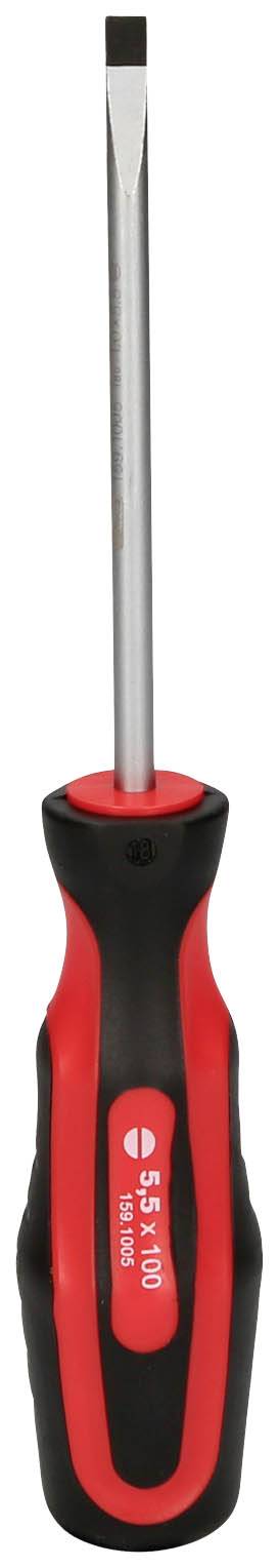 Ein rot-schwarzer Schraubendreher mit flachem Schlitz. Der Griff ist ergonomisch geformt für besseren Halt.
