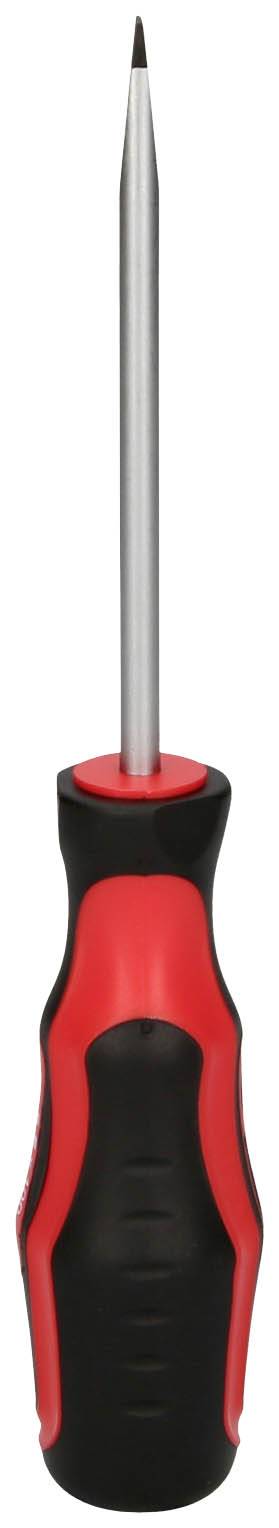 Ein rot-schwarzer Schraubendreher mit Kunststoffgriff, zeigt die Spitze nach oben.