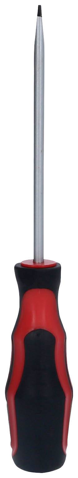 Ein Kreuzschlitzschraubendreher mit rotem und schwarzem Griff, aus Metall mit einer langen Klinge, vertikal ausgerichtet.