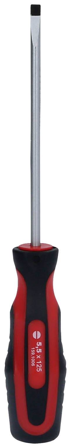 Flacher Schraubendreher mit rotem und schwarzem Griff, schmaler Klinge; für präzise Schraubarbeiten geeignet.