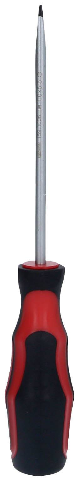 Ein roter und schwarzer Schraubendreher mit einem Metallkopf, geeignet für Arbeiten mit Schrauben.