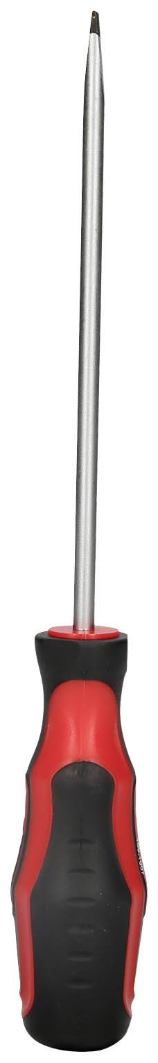 Ein roter und schwarzer Schraubendreher mit einem Kreuzschlitz, aufrecht stehend.