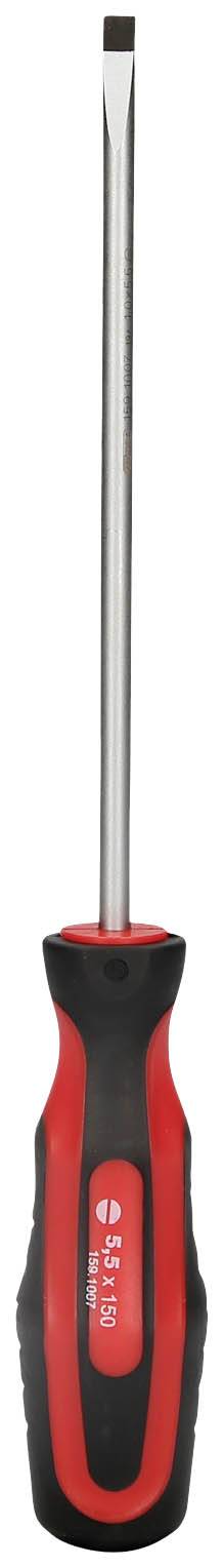 Ein langer Schraubendreher mit flachem Kopf und einem schwarzen Griff mit roten Akzenten.