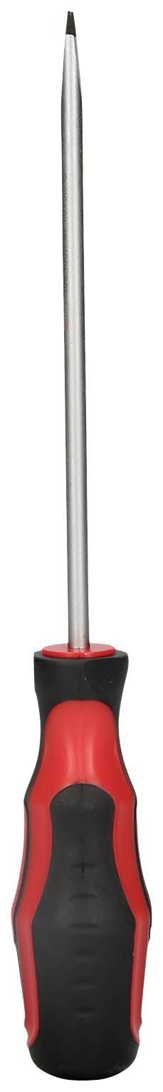 Ein roter und schwarzer Schraubendreher mit einem schmalen, langen Metallkopf.