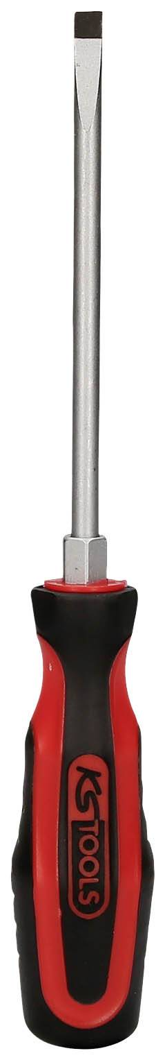 Ein rot-schwarzer Schraubendreher mit flachem Schraubenkopf. Das Griffdesign ist ergonomisch und trägt das Logo 'KS Tools'.