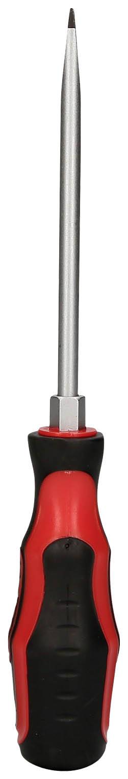 Schraubenzieher mit rotem und schwarzem Griff, langer Metallspitze.