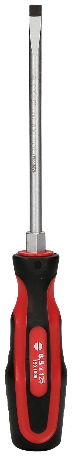 Schraubendreher mit rotem und schwarzem Griff, flache Spitze, geeignet zum Lösen oder Befestigen von Schrauben.