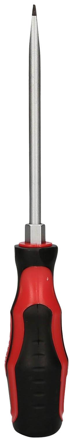 Roter und schwarzer Schraubenzieher mit einem schmalen, langen Metallkopf und einem ergonomischen Griff.