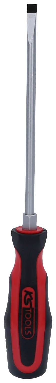 Ein Schlitzschraubendreher mit rotem und schwarzem Griff, ideal zum Lösen oder Festziehen von Schlitzschrauben in verschiedenen Materialien.