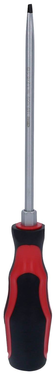 Schraubendreher mit rotem und schwarzem Griff und langer Metallklinge, geeignet für Präzisionsarbeiten.