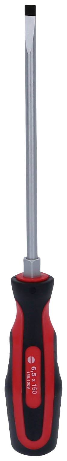 Ein flacher Schraubendreher mit schwarzem und rotem Griff.