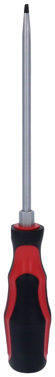 Schraubenzieher mit schwarzem und rotem Plastikgriff und langer Metallklinge.