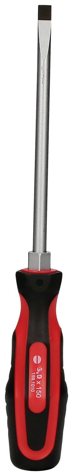 Schraubendreher mit rotem und schwarzem Griff, flache Klinge. Geeignet für Schlitzschrauben. Hauptsächlich für Handwerkerarbeiten.