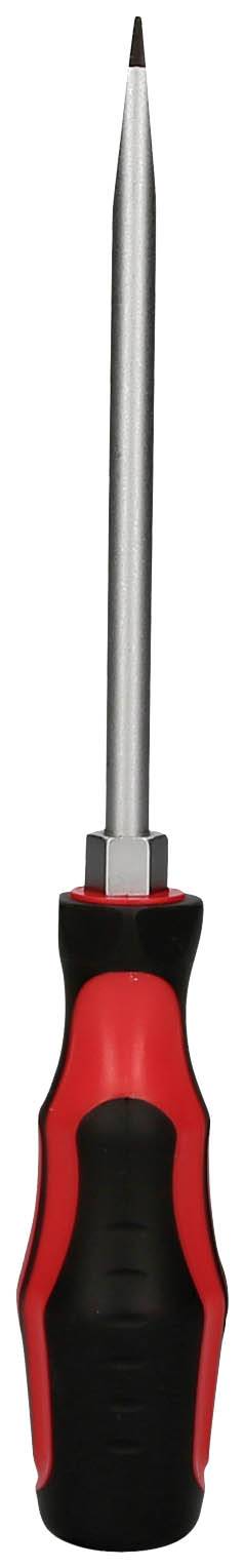 Ein schwarzer und roter Schraubendreher mit einem langen, schlanken Metallstift und einem ergonomischen Griff.